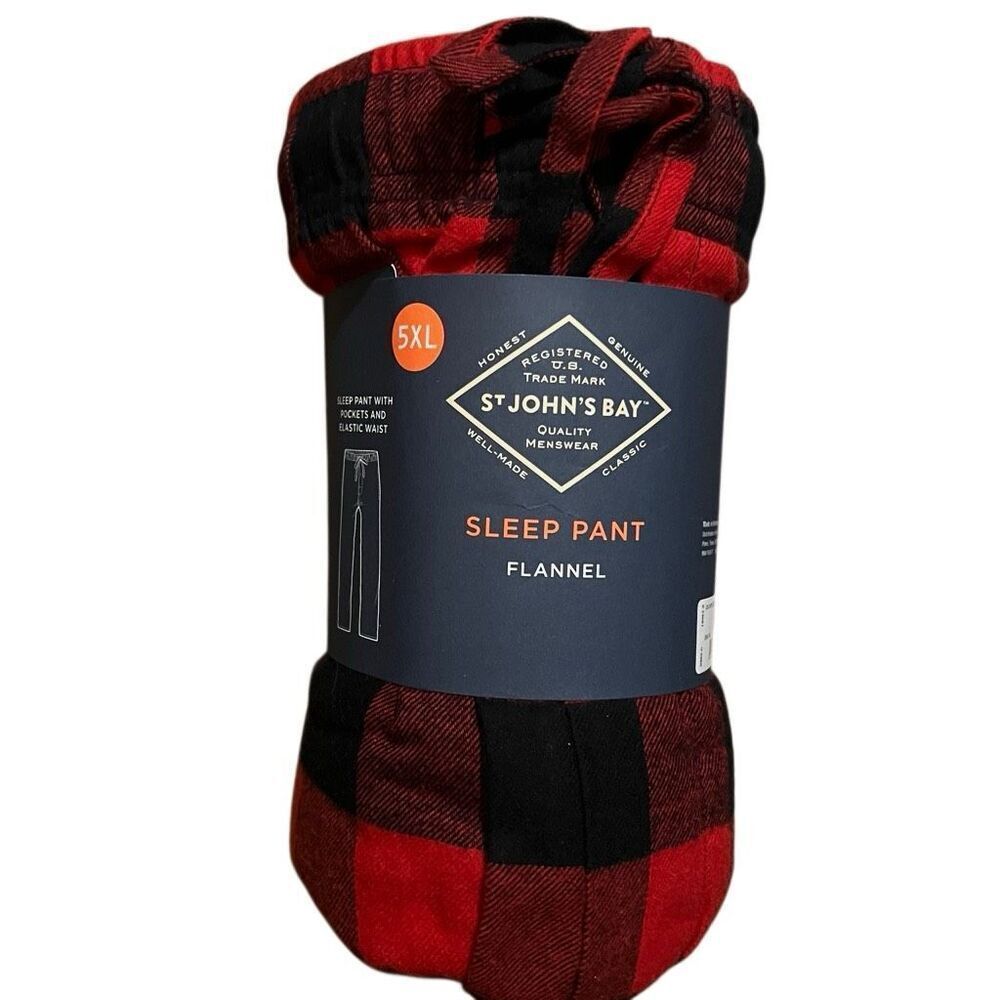 NWT ST. JOHN’S BAY Mens 5XL Flannel Pajama Sleep Pants Pockets Red Black Buffalo